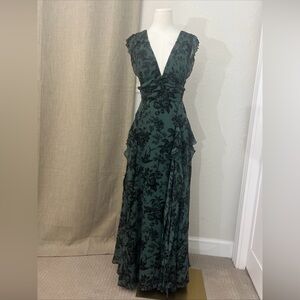 BHLDN Sleeveless V-Neck Pleated Chiffon Maxi Dress Green/black Floral Size 8-10